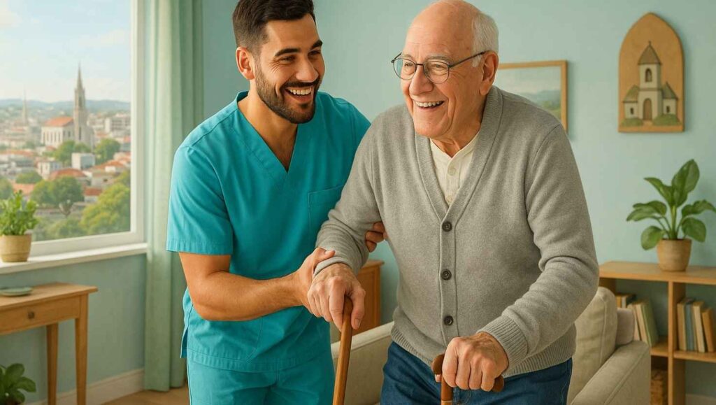 Cuidador de idosos em Anápolis ajudando um idoso em casa, com cenário acolhedor e detalhes da cidade ao fundo.